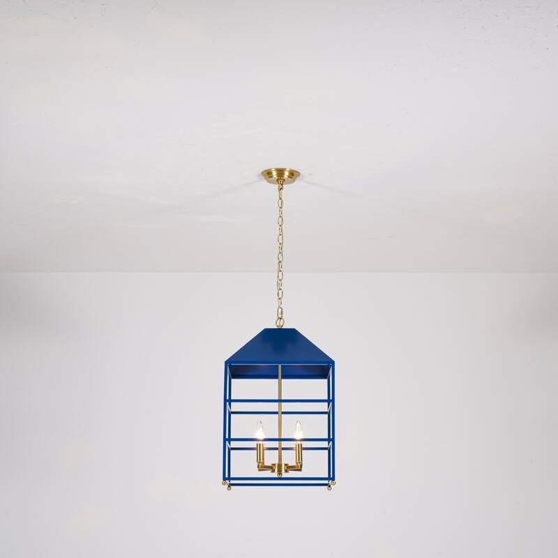 4-Light Traditional Cage Lantern Chandelier Blue and Antique Brass Candle Style Hanging Light - 14 in. W x 23.2 in. H x 14 in. D - 14 in. W x 23.2 in. H x 14 in. D - Blue/Gold