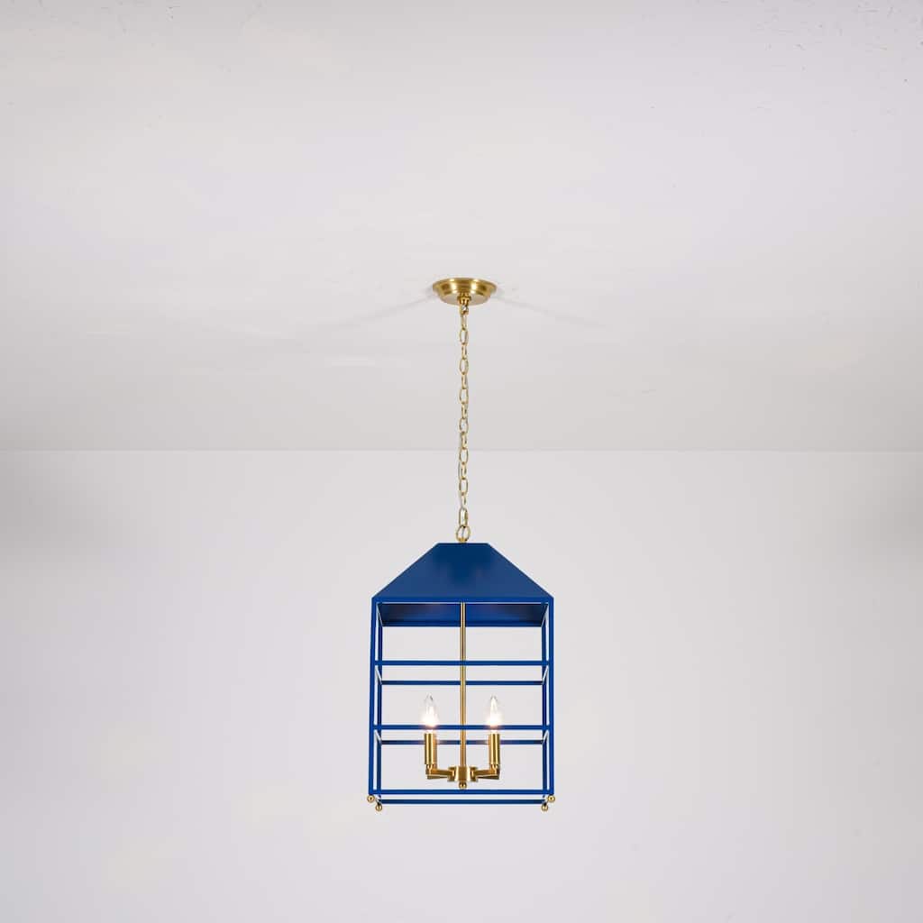 4-Light Traditional Cage Lantern Chandelier Blue and Antique Brass Candle Style Hanging Light - 14 in. W x 23.2 in. H x 14 in. D