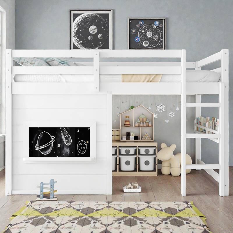 Twin/Full Loft Bed with Sliding Chalkboard, Built-in Bookshelf, Solid Wood Frame & Safety Guardrails, Kids Playhouse Bed - White - Full