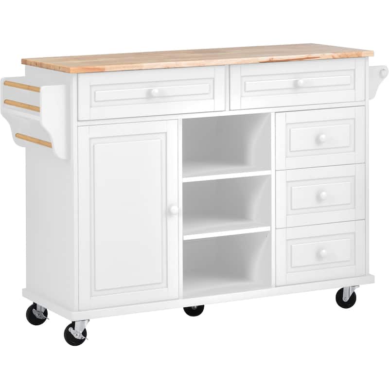 Kitchen Island with on Locking Wheels, Rolling Cart with Rubber Wood Desktop, Mobile Island with 3 Open Shelves & 5 Drawers