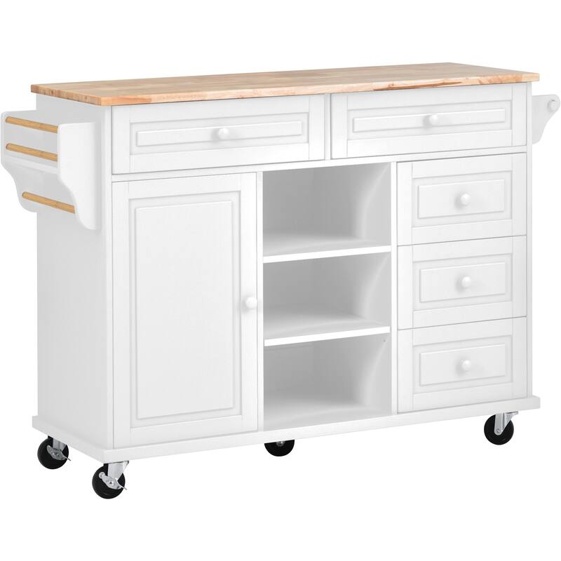 Rolling Kitchen Island Cart with Rubber Wood Top, 5 Drawers, Storage Cabinet & Adjustable Shelves - 53" Black