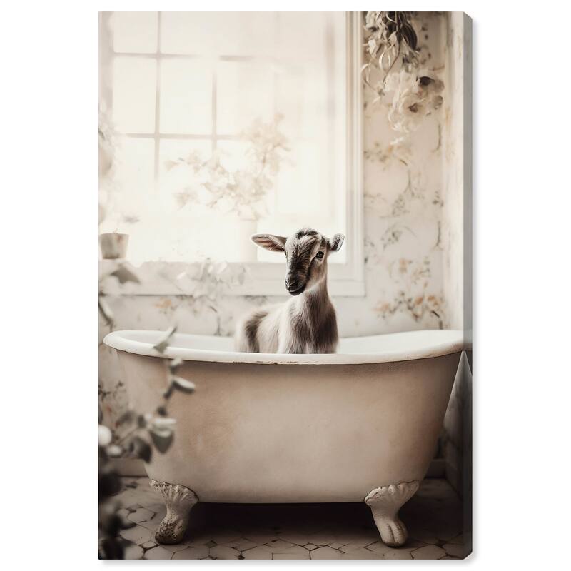 Wynwood Studio Canvas Animals Goat in a Bath White and Tan Traditional Wall Art Canvas Print - White, Brown