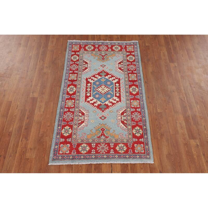 Light Blue Geometric Kazak Rug Hand-Knotted Wool Carpet - 3'1" x 5'3"