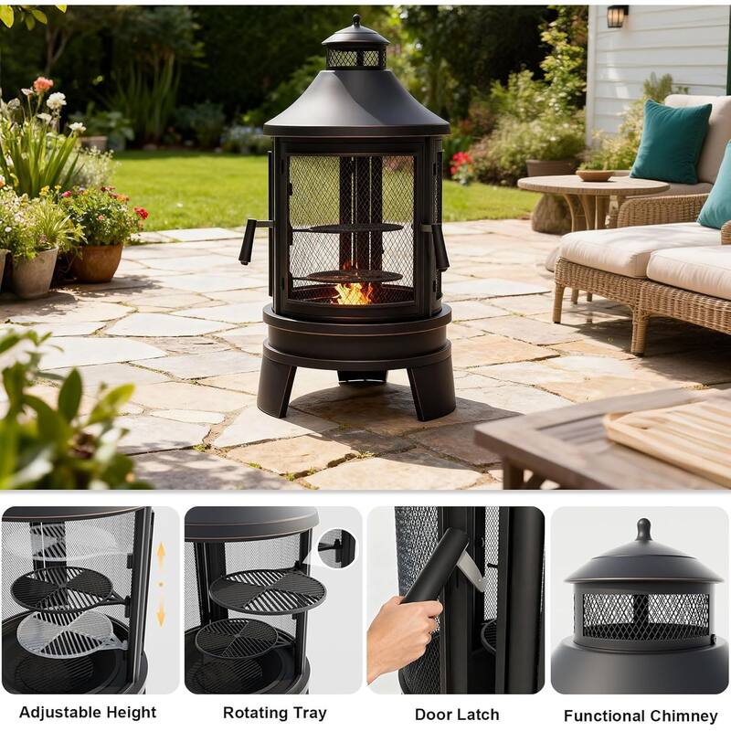 Kullavik Outdoor Metal Chiminea Wood Burning Fire Pit with 3 Door and Adjustable Grill