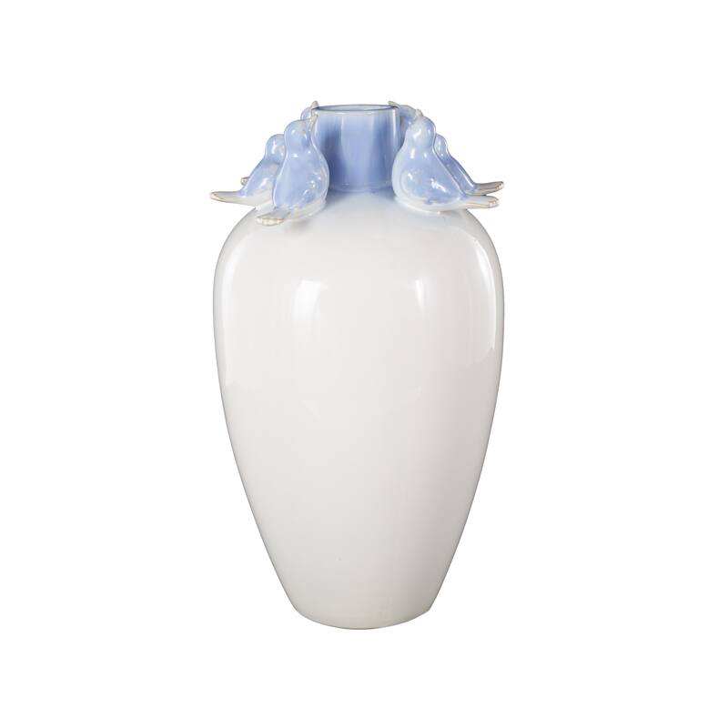 White Ceramic Bird Decorative Vase with Blue Accents