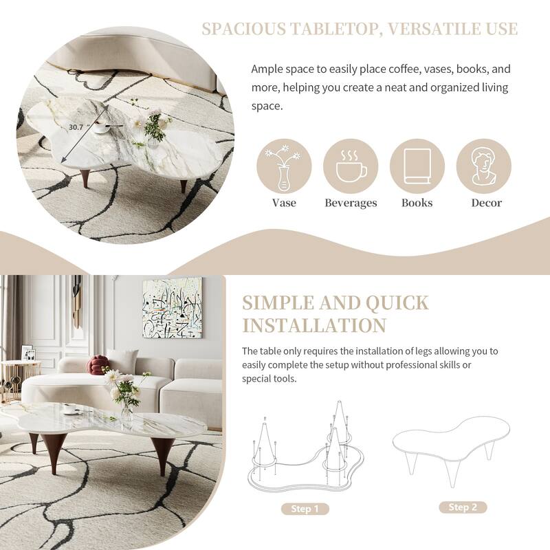 54.8" Modern Coffee Table, Glossy Faux Marble top, Metal Legs with wood texture