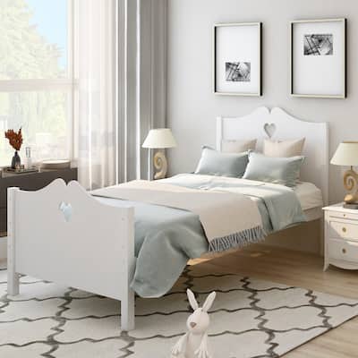 White Minimalist Twin Pine Platform Bed with Headboard and Footboard - Slat Support, No Box Spring Needed
