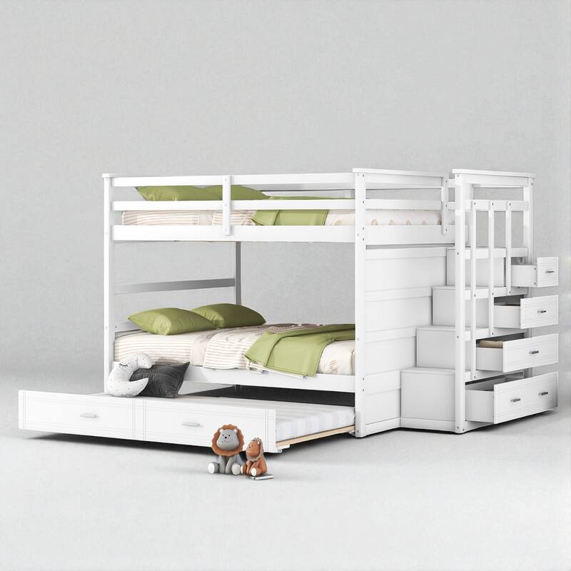 Twin Over Twin Bunk Bed with Trundle and Storage Drawers, Staircase Bunk Frame for Kids and Teens - White - Full