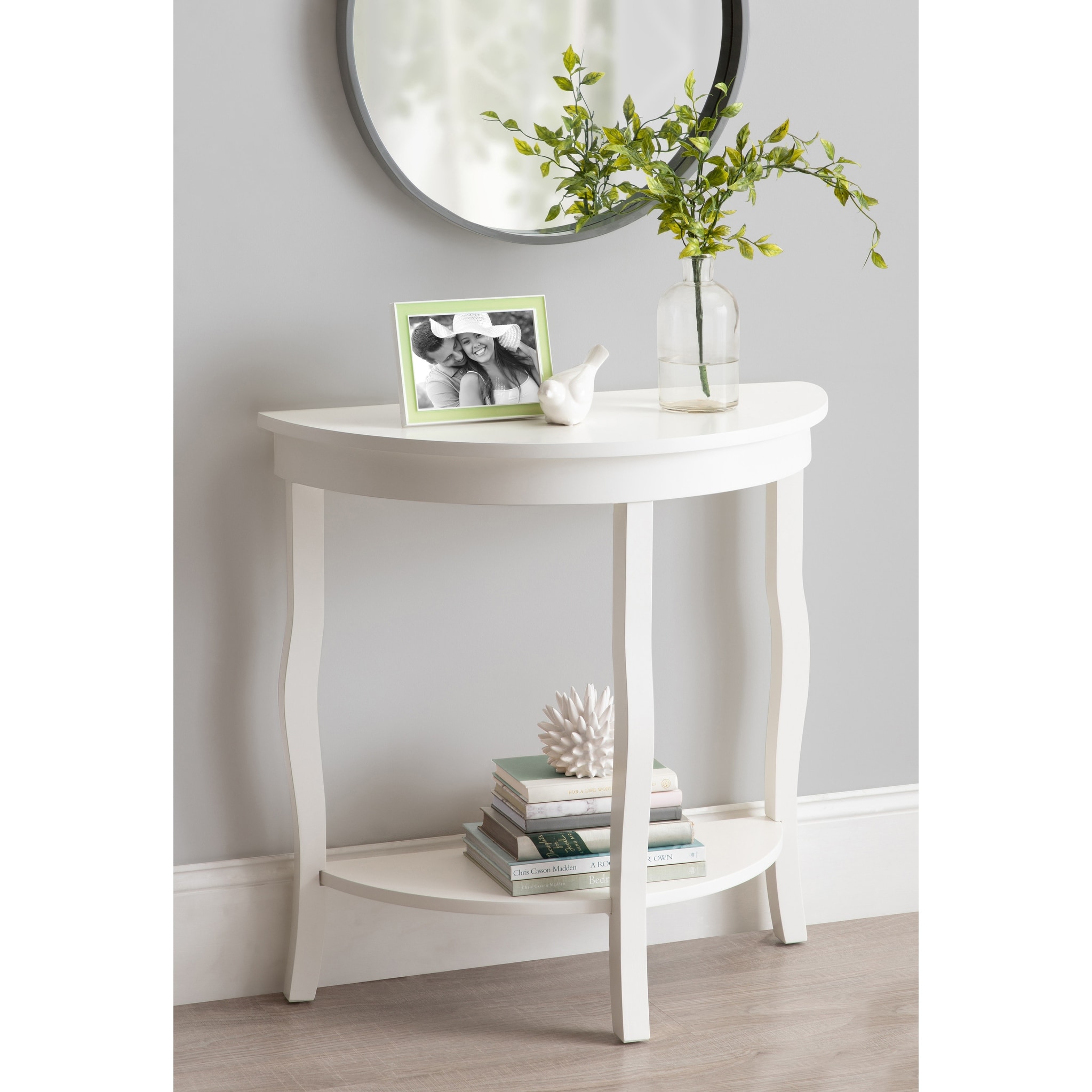 Black Kate and Laurel Lillian Wood Half Moon Console Table Curved Legs with Shelf
