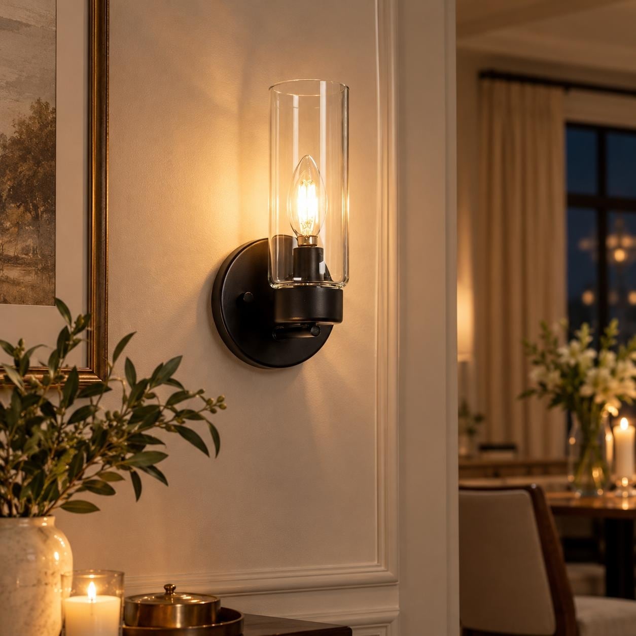 LNC Modern Farmhouse 1-Light Black Gold Silver Bathroom Wall Sconce with Cylinder Clear Glass for Entryway Bedroom