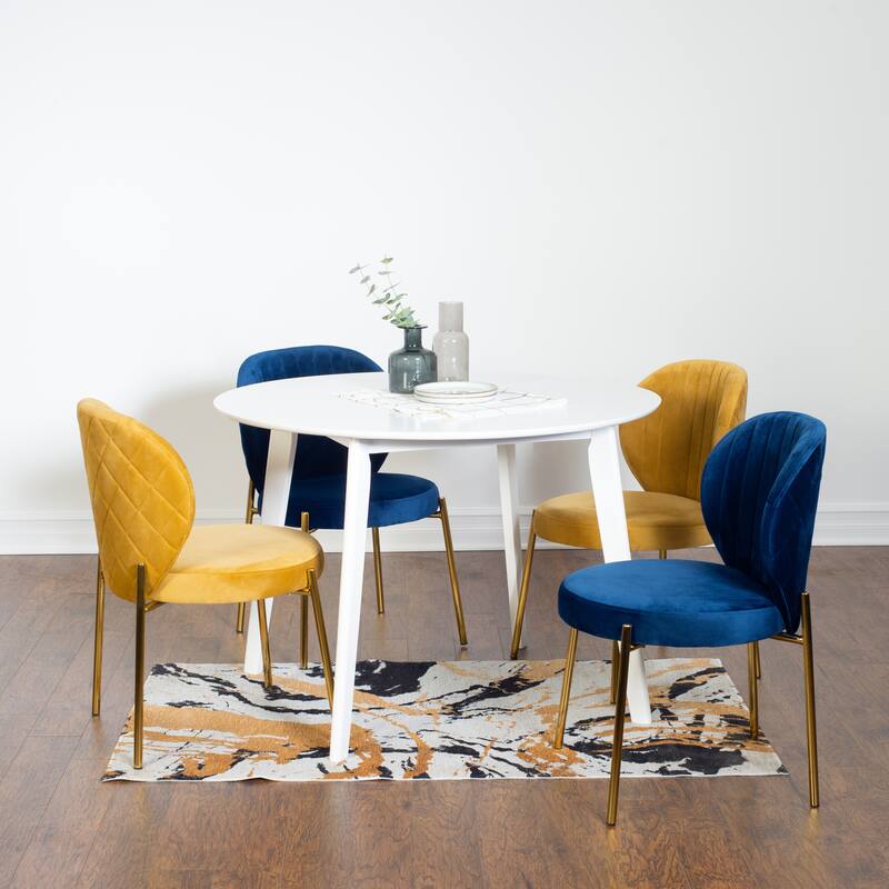 Modern Style Dining Set with Round Table and Velvet Tufted Upholstered Chairs - 5-Piece Sets - White+Blue+Yellow