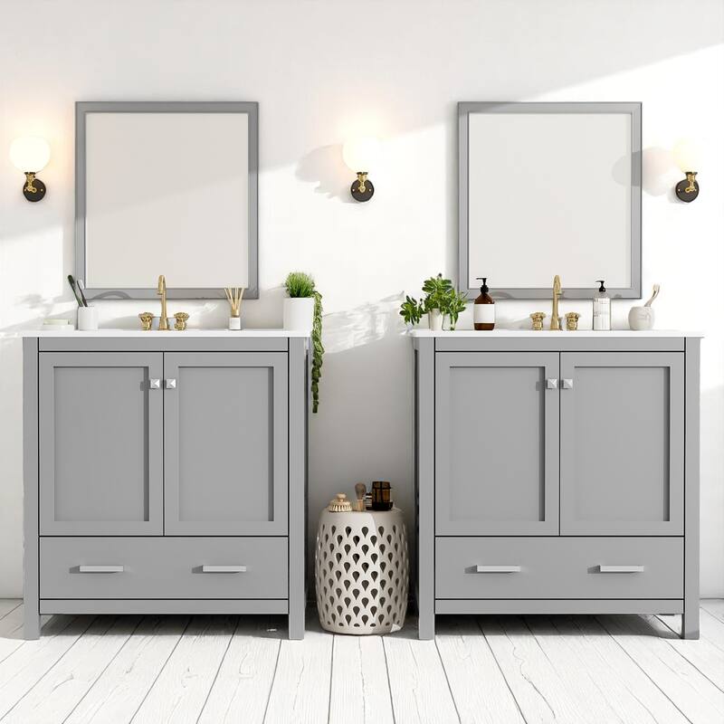 60 Inch Bathroom Vanity with Double Ceramic Sinks, Freestanding Cabinet with Ample Storage and Soft Closing Doors - Grey