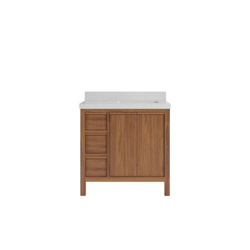 Willow Collections 36 in. W x 22 in. D Elizabeth Solid Teak Right Offset Sink Bathroom Vanity with Countertop - 2”Carrara Quartz - Dark Natural