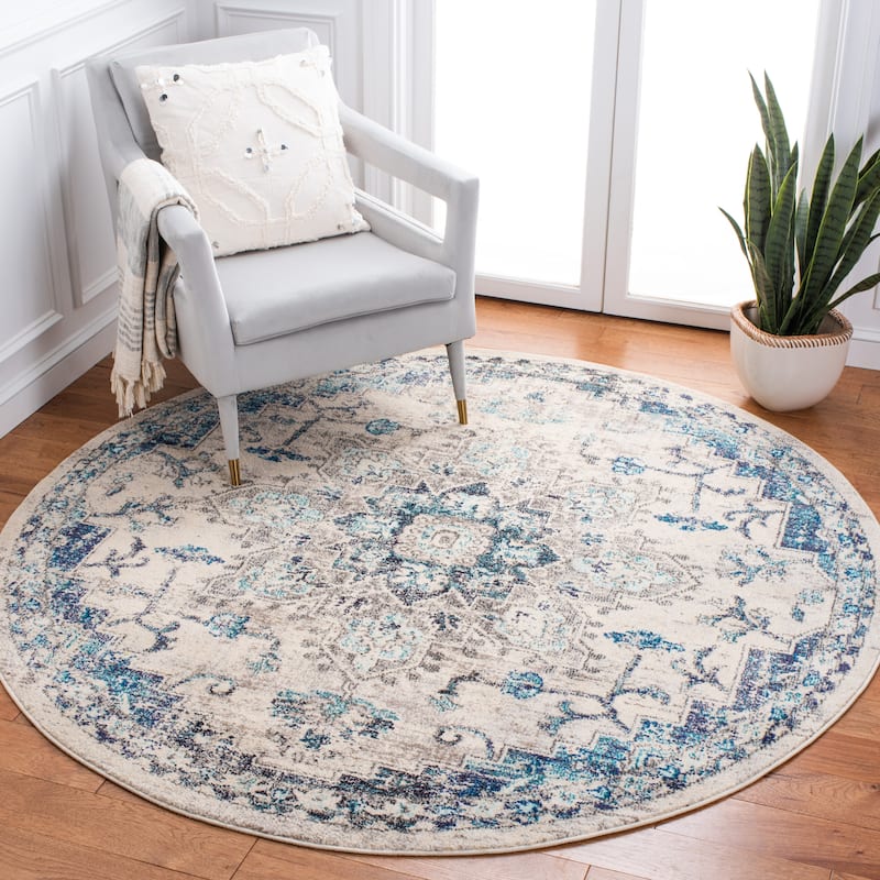 SAFAVIEH Madison Diederike Boho Medallion Distressed Rug - 6'7" Round - Ivory/Grey - Round