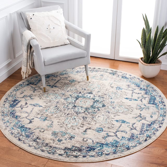 SAFAVIEH Madison Diederike Boho Medallion Distressed Rug - 5' x 5' Round - Ivory/Grey