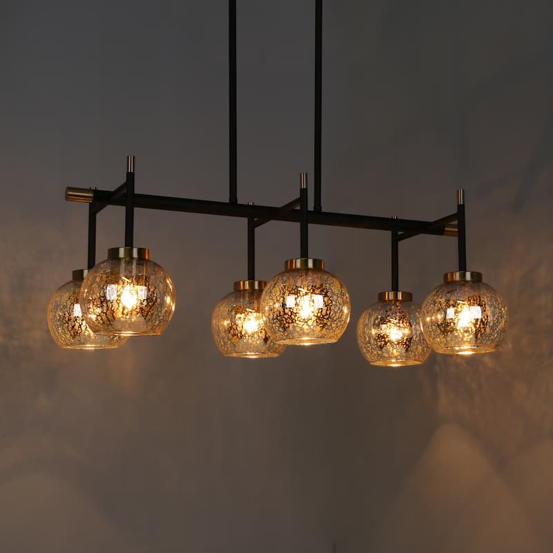 Modern Farmhouse 6-Light Black Gold Linear Chandelier Island Lights with Mercury Glass - 27.5" L x 14.5" W x 10" H