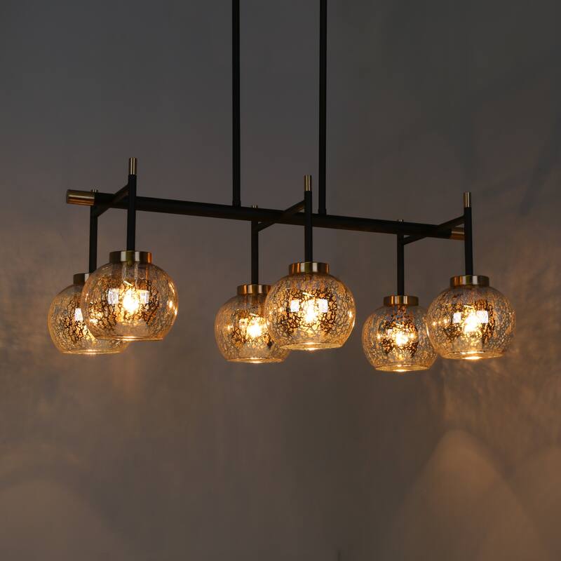 Modern Glam 3/6-Light Black Gold Linear Chandelier Kitchen Island Pendant Lights with Mercury Glass