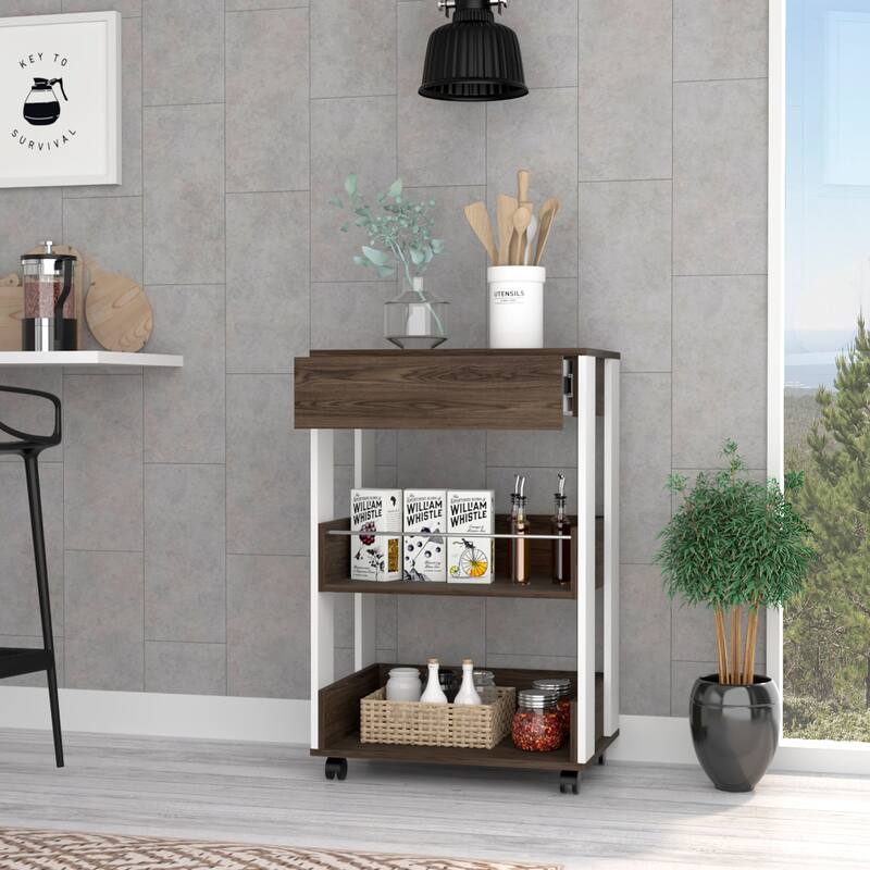 White and Dark Walnut 1-Drawer 2-Shelf Kitchen Cart with Caster - Brown