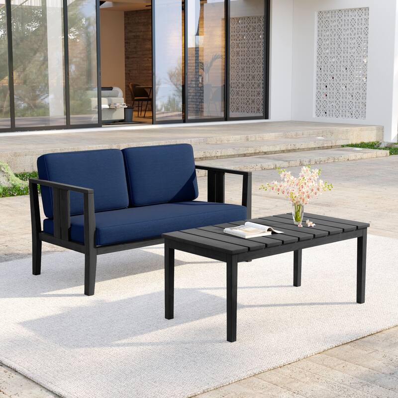 Casual 53"W Outdoor Patio Loveseat Set In Solid Teak Wood with Cushion