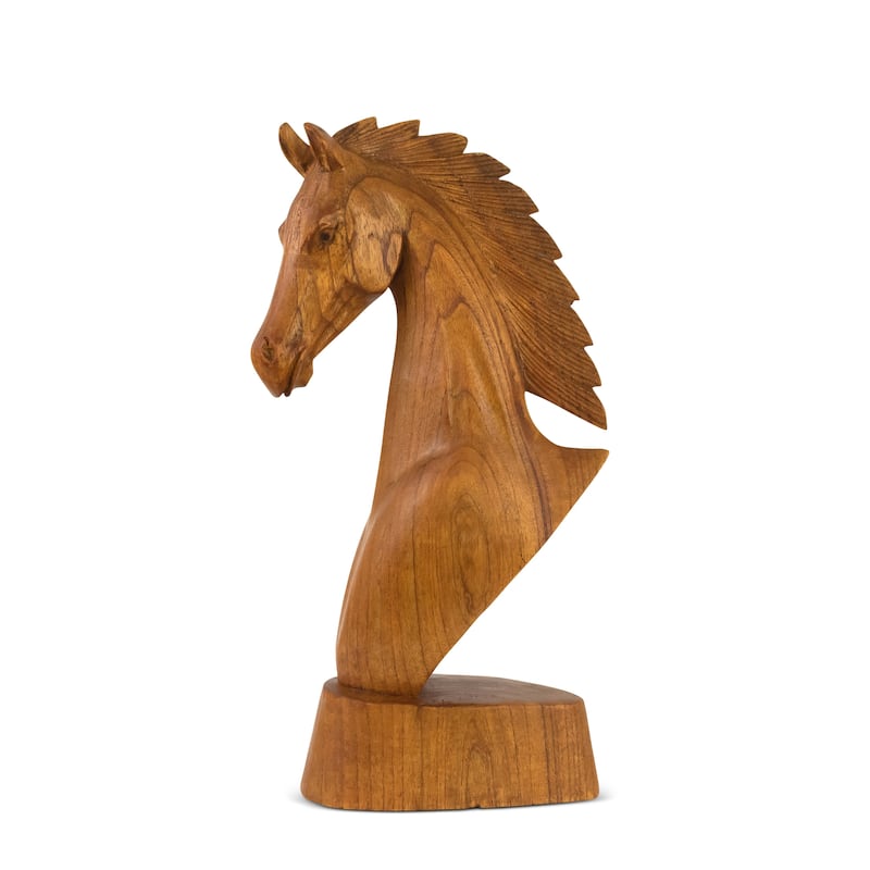Wooden Hand Carved Horse Head Statue Sculpture Handcrafted Handmade Wood Decorative Home Decor Accent Decoration - 12" tall x 6" wide x 2" deep