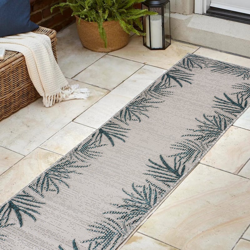 JONATHAN Y Beckett Coastal Cottage Palm Frond Border Blue/Cream Indoor/Outdoor Area Rug