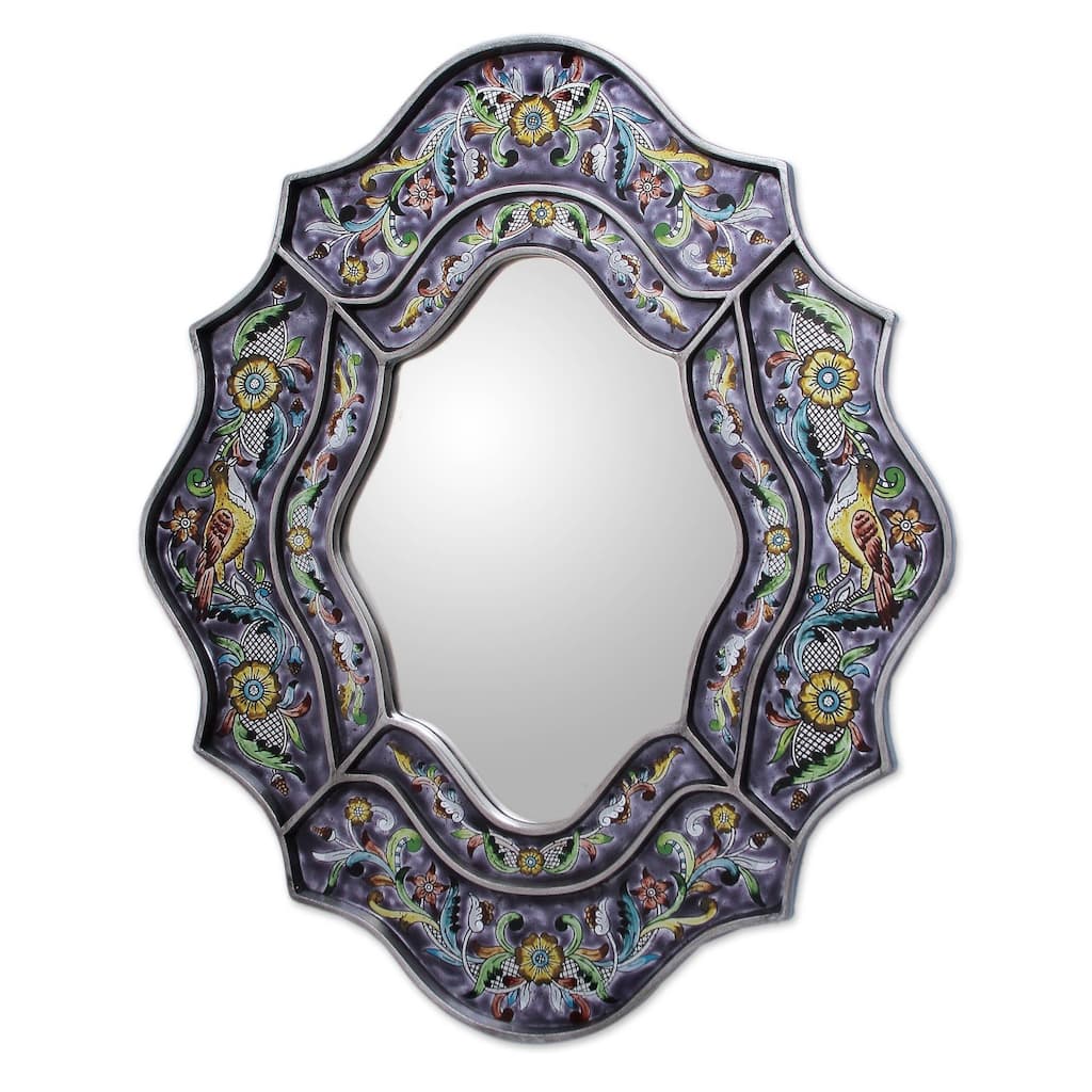 NOVICA 'Spring Violets' Handmade Reverse-painted Glass Wall Mirror - 9.75" W x 13.25" H