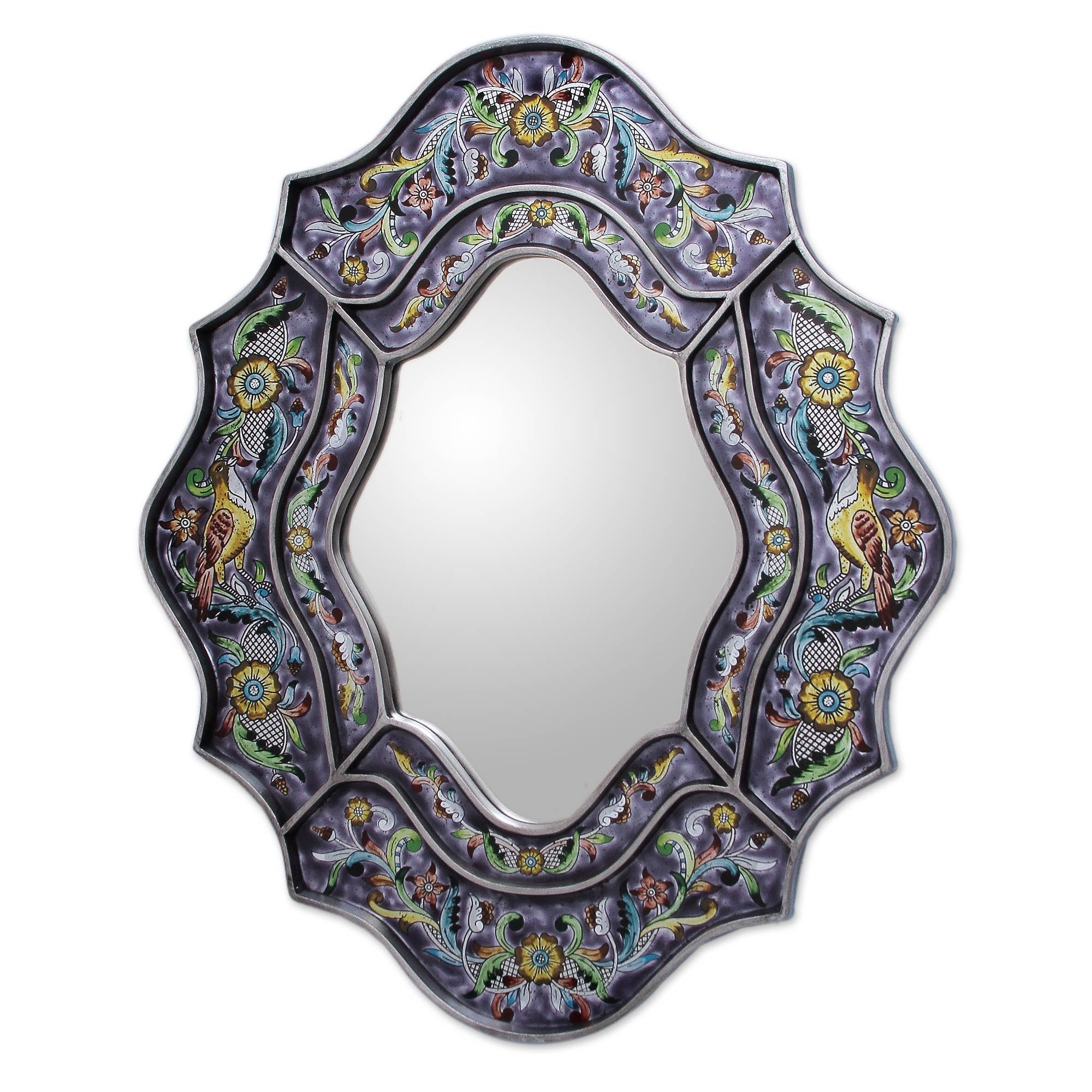 NOVICA 'Spring Violets' Handmade Reverse-painted Glass Wall Mirror - 9.75" W x 13.25" H