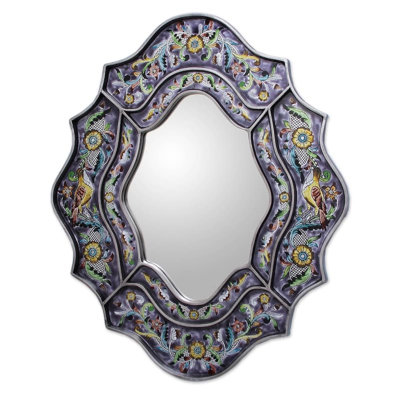 NOVICA 'Spring Violets' Handmade Reverse-painted Glass Wall Mirror - 9.75" W x 13.25" H - Purple