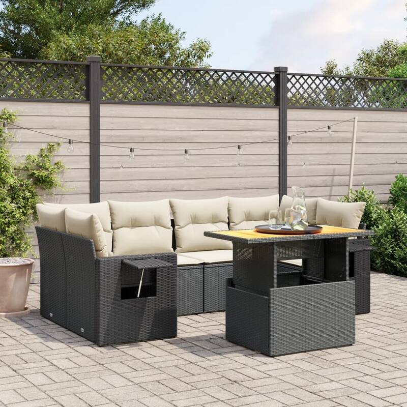 vidaXL Patio Sofa Set with Cushions Table and Sofas Outdoor 7 Piece Poly Rattan - Black