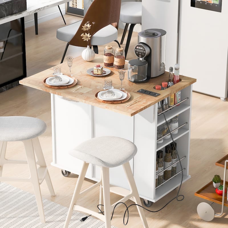 Kitchen Storage Island with Drop Leaf and Power Outlet For Dining Room - White
