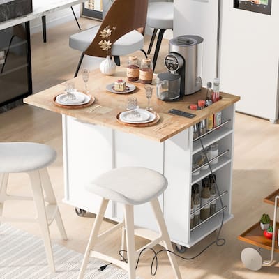 Open Rolling Kitchen Island on Wheels with Drop Leaf and Power Outlet