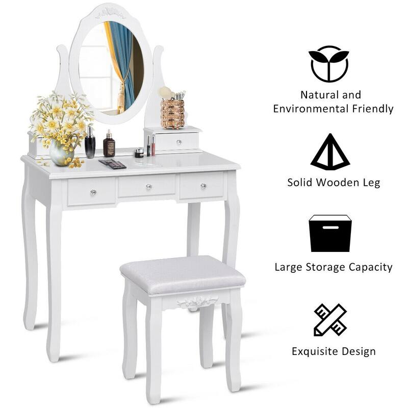Gymax Bedroom Wooden Mirrored Makeup Vanity Set Stool Table Set White