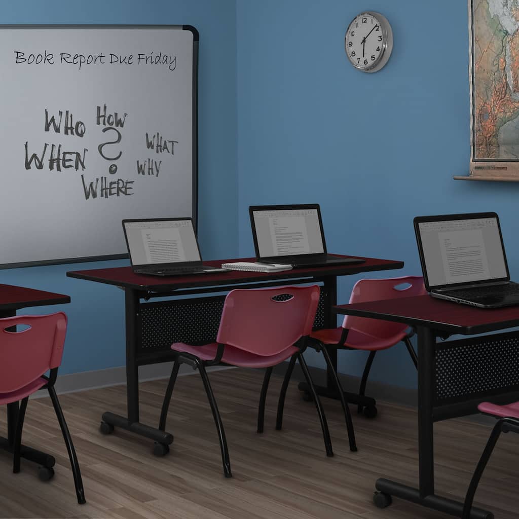 60" x 24" Flip Top Mobile Training Table with Modesty Panel- Mahogany and 2 "M" Stack Chairs- Burgundy