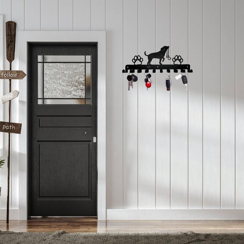 Black Metal Cute Dog Wall Hanging Storage Rack with Hooks for Home Entryway or Coat - 11.81”L x 4.96”H