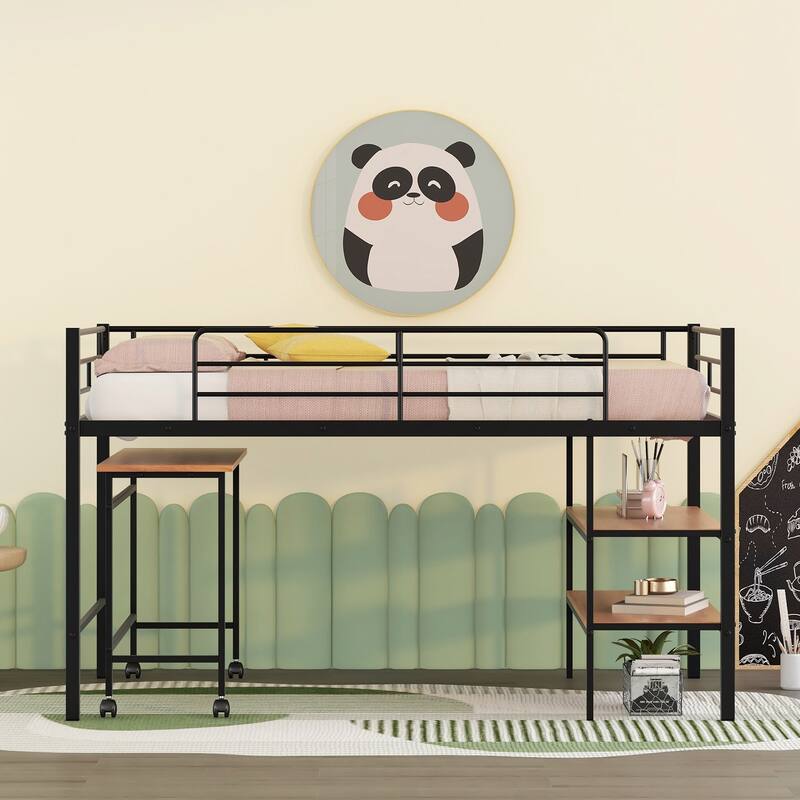 Twin Size Metal Loft Bed with Desk and Shelves in Black