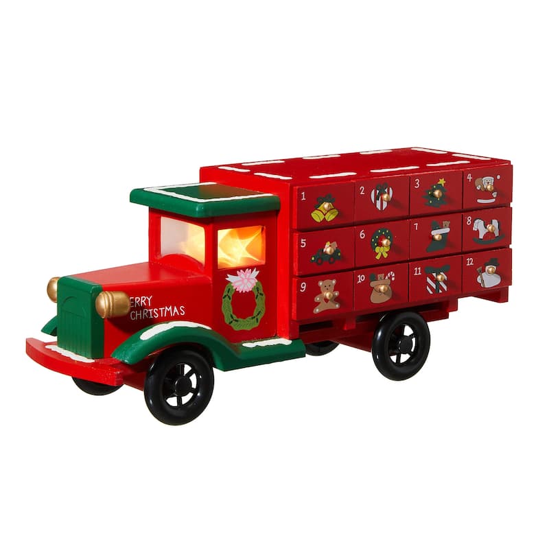 Glitzhome 14.5"L Wooden LED Christmas Truck Countdown Calendar Cute Gifts
