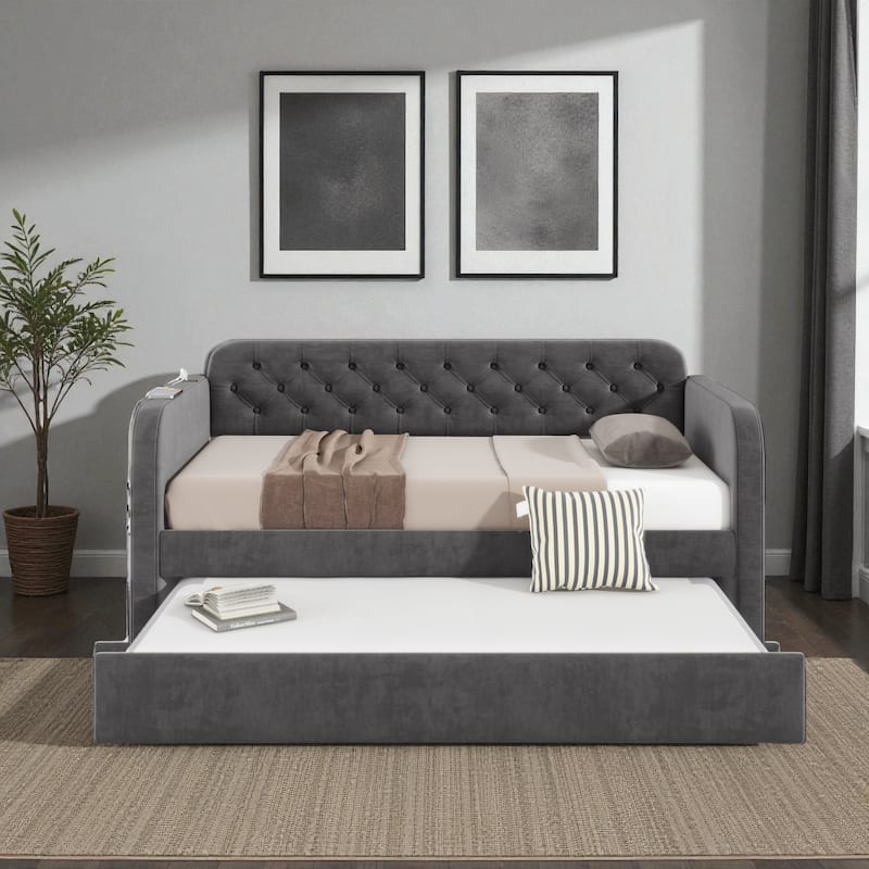 Twin Velvet Upholstered Daybed with Trundle and USB Charging Port, Tufted Backrest Sofa Bed for Bedroom or Living Room