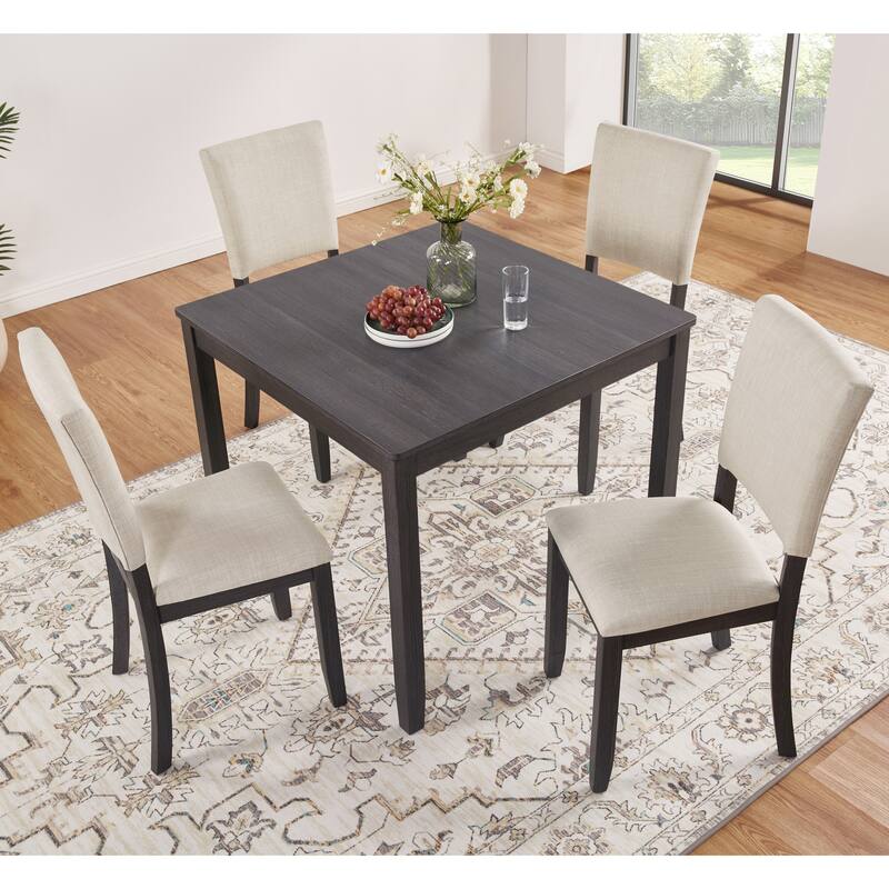 5-Piece Wooden Dining Set with Square Table and 4 Upholstered Chairs, Kitchen Table Set with Scratch-Resistant Tabletop - Antique Black,Beige