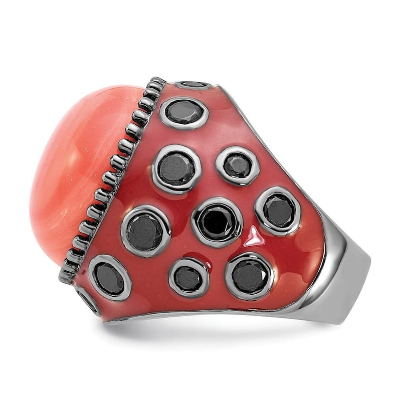 Curata Black Plated 925 Sterling Silver Enameled Red Simulated Coral and Cubic Zirconia Ring
