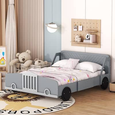 Full Car-Themed Platform Bed with Rolling Wheels