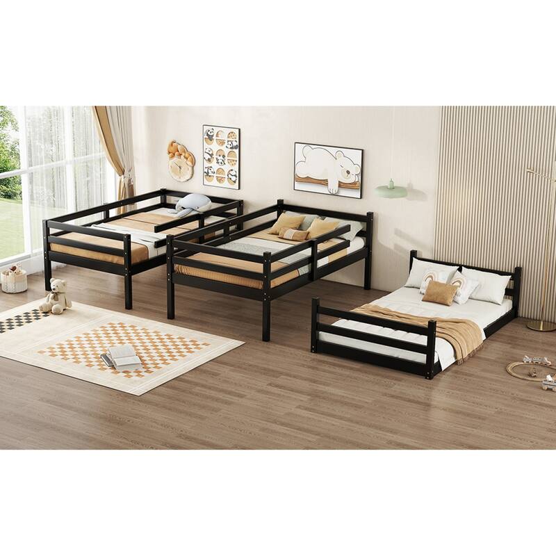 Roomfitters Triple Rubber Wood Bunk Bed, Detachable Twin over Twin over Twin with Ladders and Guardrails