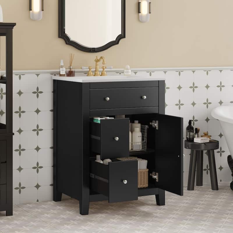 24" Modern Bathroom Vanity with Ceramic Basin,2 Drawers