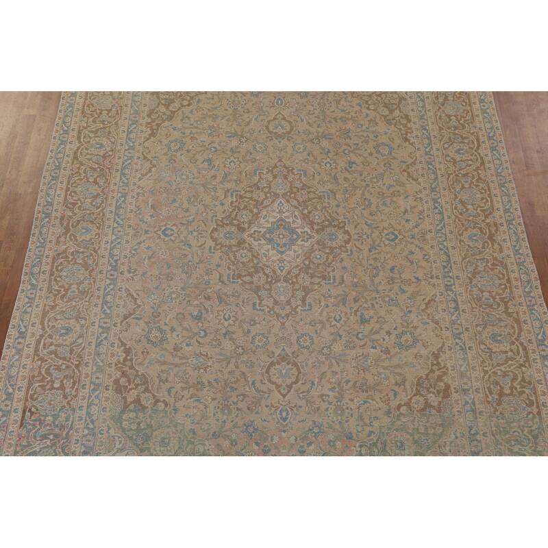 Muted Distressed Kashan Persian Antique Rug Hand-knotted Wool Carpet - 9'3" x 13'4"