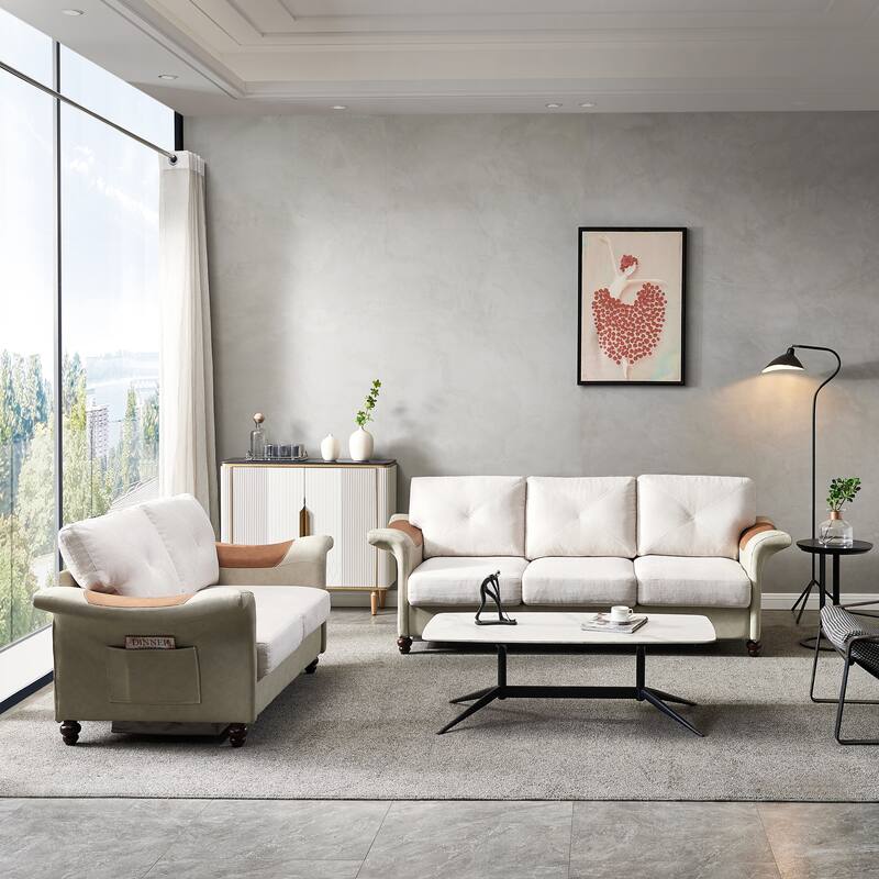 Modern Linen Fabric Faux Leather Loveseats + 3 Seater Sectional Sofa ...