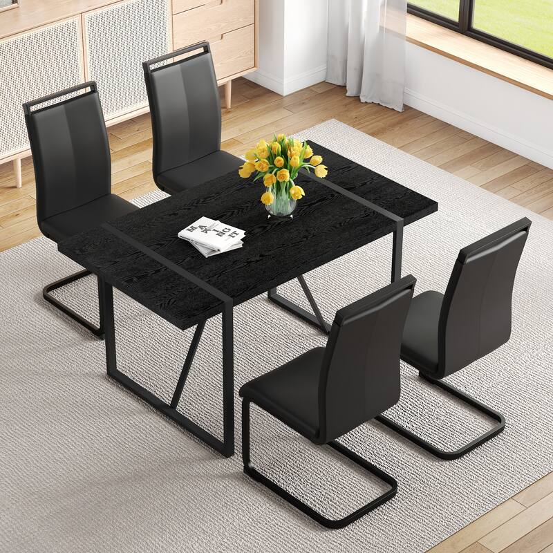 5/7-Piece Dining Table Set with PU Chairs, Modern Rectangular Dining Room Table Set for 4-6 People - Black - 5-Piece