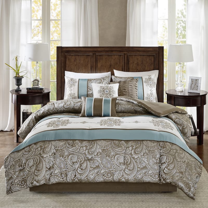 Madison Park Lorraine Blue Jacquard 7-Piece Comforter Set - Queen