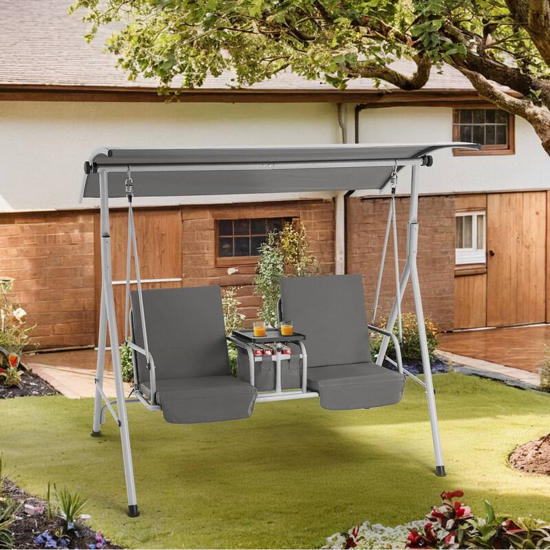 Outdoor Swing with Stand, Canopy, Pivot Table & 2 Cup Holders - Patio, Balcony, Bedroom