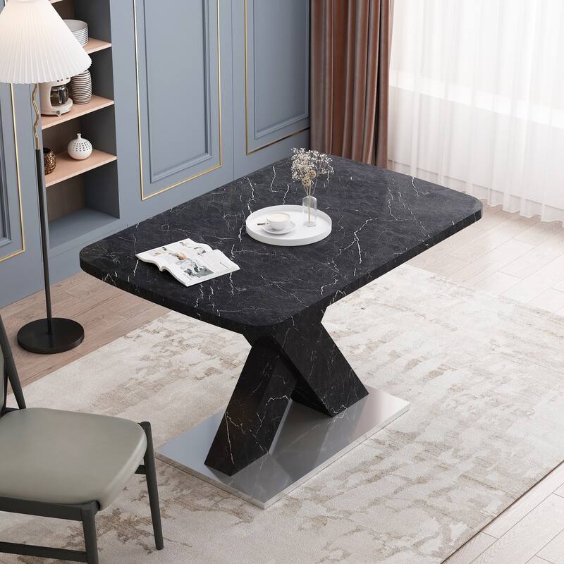 Modern Square Dining Table with Marble Table Top and X-Shape Table Leg
