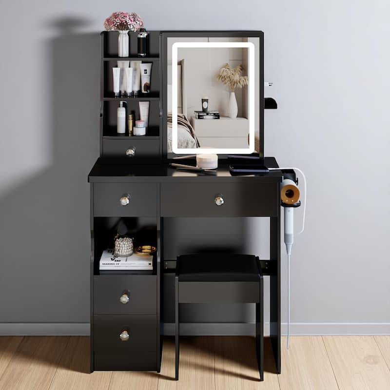Compact Makeup Vanity with Lighted Mirror, 2 AC Outlets, USB Charging, Hair Dryer Holder & Stool for Small Spaces - Black