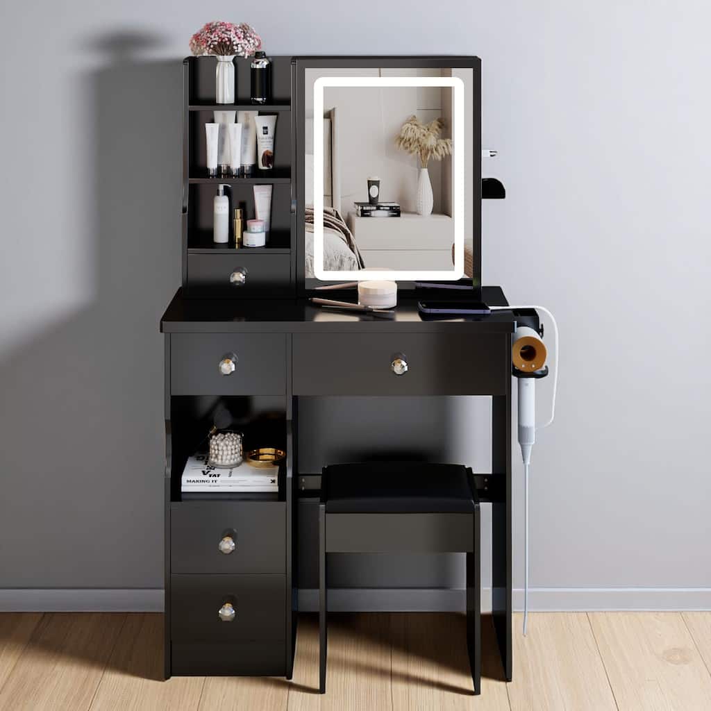 Compact Makeup Vanity with Lighted Mirror, 2 AC Outlets, USB Charging, Hair Dryer Holder & Stool for Small Spaces